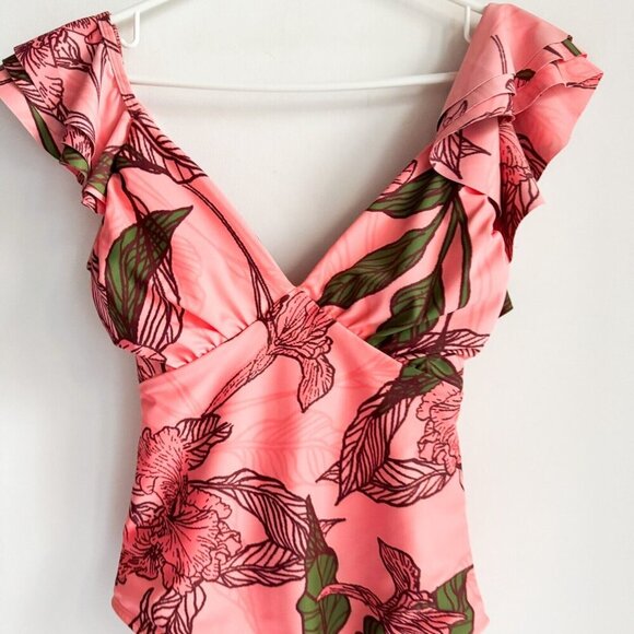 Hutch Floral Salmon Pink Ruffle Detail One Piece Swimsuit S - Picture 5 of 8